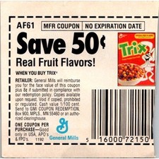 Usado, Cupom Save 50¢ Trix Real Fruit Flavors General Mills Mpls MN 1980s SAI1-M11 comprar usado Usado, Cupom Save 50¢ Trix Real Fruit Flavors General Mills Mpls MN 1980s SAI1-M11 comprar usado  Enviando para Brazil