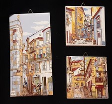 3 azulejos vintage feitos em Lisboa, Portugal, cenas de vilarejos comprar usado  Enviando para Brazil