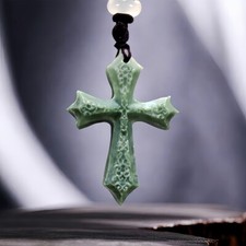 Collar colgante cruz jade real natural amuleto tallado joyería vintage segunda mano  Embacar hacia Mexico