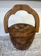 Balde de gelo vintage esculpido à mão de madeira de teca com alça e tampa comprar usado  Enviando para Brazil
