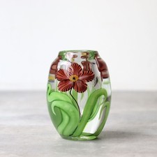Vaso de vidro arte floral Lundberg Studios 1983 flor pequeno verde marrom H8cm, usado comprar usado  Enviando para Brazil