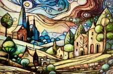 Caneta pintada à mão original e aquarela (ACEO) Moonlit Coastal Village comprar usado  Enviando para Brazil