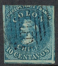 1861 CHILE 10c AZUL. ÚLTIMA IMPRESSÃO DE LONDRES. USADO. 3 MARGENS. MUITO BOM. VER DIGITALIZAÇÃO comprar usado  Enviando para Brazil
