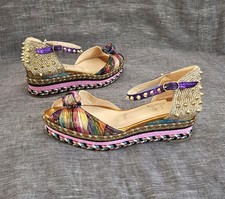 Sandálias femininas Christian Louboutin tecido multicolorido designer fivela tamanho 6 EUA comprar usado  Enviando para Brazil