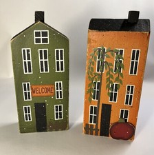 Arte popular primitiva bloco de madeira conjunto de casas de vila 7” loja pintada verde laranja comprar usado  Enviando para Brazil