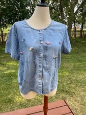 Blusa jeans bordada floral vintage 3D L grama limão feminina Y2K botão para cima comprar usado  Enviando para Brazil