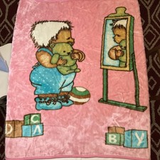 VINTAGE RARO Cobertor de Bebê Segurando Urso de Pelúcia Espelho Blocos Rosa, usado comprar usado  Enviando para Brazil