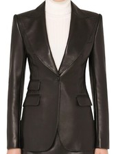 Blazer de couro jaqueta tamanho botão feminino casaco pele de cordeiro vintage preto 43, usado comprar usado  Enviando para Brazil