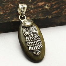 Usado, Pingente de prata brilhante obsidiana topázio branco pedra preciosa coruja joia 2,6" AP-85542 comprar usado  Enviando para Brazil