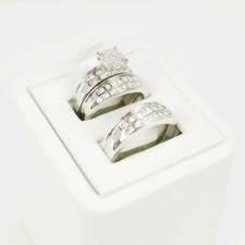 Conjunto de anéis trio de prata 935 simulados de noivado casal de safira redonda branca 2,60 CT comprar usado  Enviando para Brazil