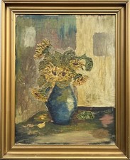 Pintura a óleo antiga expressionista natureza morta girassóis em um vaso azul comprar usado  Enviando para Brazil