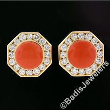 Usado, Brincos vintage de ouro 18k com clipe de botão octógono de diamante coral e canal 10,25 mm comprar usado  Enviando para Brazil