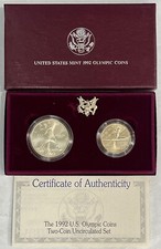 1992 MOEDAS OLÍMPICAS DOS EUA PRATA US$ 1 UNC 2 MOEDAS CONJUNTO COMEMORATIVO CAIXA CERTIFICADO DE AUTENTICIDADE comprar usado  Enviando para Brazil