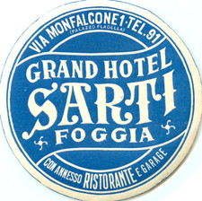 Etiqueta de bagagem antiga e em relevo Grand Hotel Sarti ~FOGGIA - ITÁLIA~, c. 1950 comprar usado  Enviando para Brazil