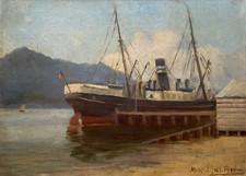 Usado, Pintura original a óleo sobre tela por Montague Brown, navio na doca, artista listado comprar usado  Enviando para Brazil