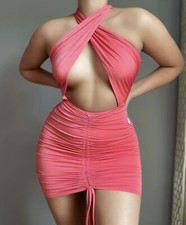 Mini vestido TRESSER feminino moda boutique coral franzido halter sexy clube/festa comprar usado  Enviando para Brazil