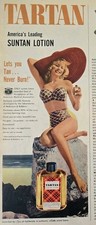 1951 Tartan Suntan loção bronzeadora loira xadrez maiô chapéu vermelho anúncio vintage comprar usado  Enviando para Brazil