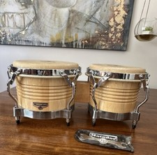 Bongos de madera serie Matador de percusión latina - natural/cromo y pandereta segunda mano  Embacar hacia Mexico