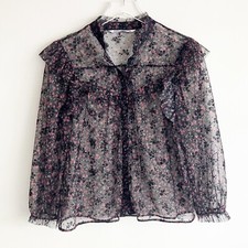 Blusa Zara pequena top transparente estampa floral preta manga longa babado botão frontal comprar usado  Enviando para Brazil
