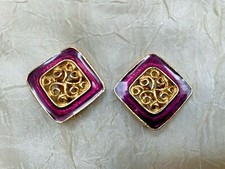 Lindos Brincos Clip-on Franceses Vintage -Ouro Arabesco com Bordas de Esmalte Violeta comprar usado  Enviando para Brazil