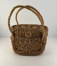 Bolsa de mão vintage tecida à mão estilo cesta de pinho e palha forrada fundo de madeira obra de arte comprar usado  Enviando para Brazil