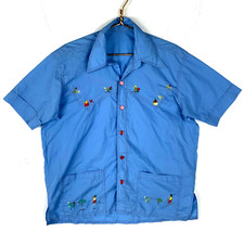 Camisa vintage caribeña años 80 manga corta XL azul abotonada bordada segunda mano  Embacar hacia Mexico