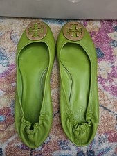 Sapatos Tory Burch Reva sapatilhas de balé couro verde logotipo dourado medalhão tamanho 11 comprar usado  Enviando para Brazil