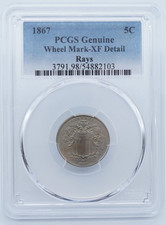1867 Shield níquel 5C PCGS roda genuína marca raios de detalhe XF - U1389 comprar usado  Enviando para Brazil