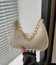Bolsa tote elegante de cor sólida corrente de metal palha lua crescente comprar usado  Enviando para Brazil