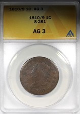 Bola baixa 1810/9 Classic Head centavo grande ANACS AG3 S-281, usado comprar usado  Enviando para Brazil