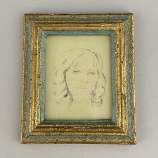 Retrato vintage menina desenho em tecido estampado?? Moldura azul dourada Itália pequena comprar usado  Enviando para Brazil