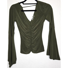 Blusa feminina vintage Y2K XS verde oliva franzida gola V manga sino boho chique anos 90 comprar usado  Enviando para Brazil