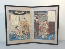 Antigo/Antiguidade Xilogravura Japonesa 2-Painel De Mesa Dobrável Tela, Assinado comprar usado  Enviando para Brazil