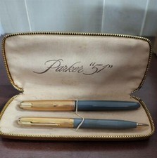 Conjunto de caneta-tinteiro e lápis mecânico vintage Parker 51 cinza com ouro marrom e comprar usado  Enviando para Brazil