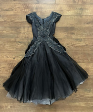 Antigo Vestido de Festa 1950 Fit and Flare XS Azul Escuro Preto Frisado Laço de Renda Personalizado comprar usado  Enviando para Brazil