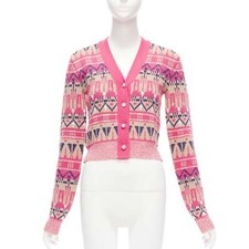Cardigã PACO RABANNE mistura de lã rosa metálico fairisle pérola botão cropped XS comprar usado  Enviando para Brazil