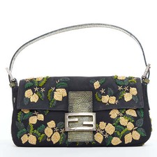 Usado, Bolsa FENDI Baguette Vintage preta amarela com miçangas flor couro em escala axila comprar usado  Enviando para Brazil