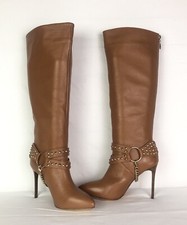 Botas de couro Camilla 38/7,5 altura do joelho cravejadas douradas alça de tornozelo marrom bronzeado novas comprar usado  Enviando para Brazil