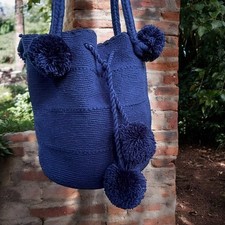 Bolsa Wayuuu Mochila Feita à Mão Exclusiva Azul Marinho Pom Pom Acentos Tecido Cordão , usado comprar usado  Enviando para Brazil