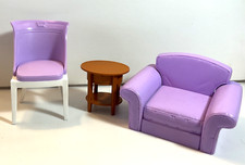 Lote de muebles para muñeca Barbie sillas moradas y mesa auxiliar marrón segunda mano  Embacar hacia Mexico