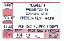 Ingresso raro Megadeth 12/7/92 Phoenix AZ America West Arena comprar usado  Enviando para Brazil