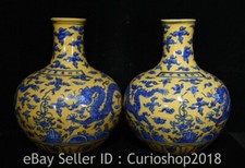 12" Ming Wanli Marcado Esmalte Amarelo Porcelana Azul Dragon Sky Ball Garrafa Par, usado comprar usado  Enviando para Brazil