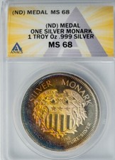 Medal ND One Silver Monark 1 onça troy .999 prata pura MS68 ANACS cor 949979-16 comprar usado  Enviando para Brazil