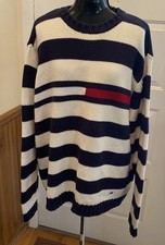 Suéter masculino Tommy Hilfiger XL azul marinho branco malha listra larga gola redonda logotipo caixa grande comprar usado  Enviando para Brazil