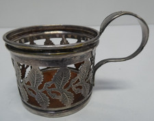 VINTAGE PODSTALKANNIK TEA HOLDER WARSZAWA POLAND SILVER ON BRASS WOOD BASE na sprzedaż  Wysyłka do Poland