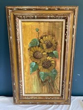 Usado, Pintura a óleo vintage de girassol em moldura esculpida | Arte de parede rústica | Achados vintage comprar usado  Enviando para Brazil