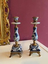 Castiçal vintage de latão e cerâmica azul e branco 7” de altura conjunto de 2 comprar usado  Enviando para Brazil