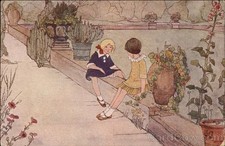 Cartão postal vintage para meninas sentadas à beira de uma piscina em um jardim Rie Cramer W. De Haan comprar usado  Enviando para Brazil