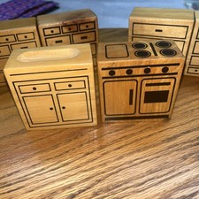 Muebles de madera para casa de muñecas vintage estufa fregadero y gabinetes tocador segunda mano  Embacar hacia Mexico