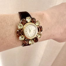 Vintage Taylorette Meados do Século Relógio de Strass Original Pulseira de Camurça Marrom  comprar usado  Enviando para Brazil